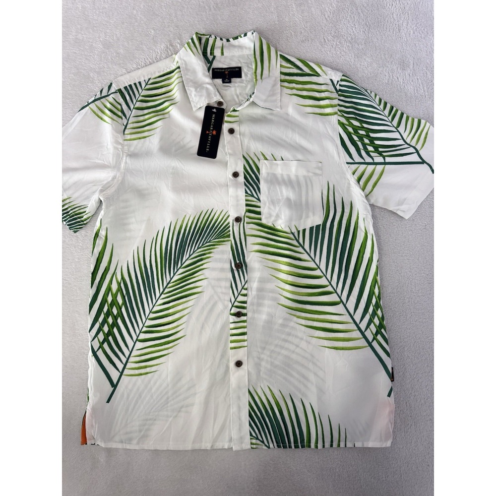 Margaritaville Mens Rayon Palm Leaf Print Short Sleeve Button Down Shirt White L
